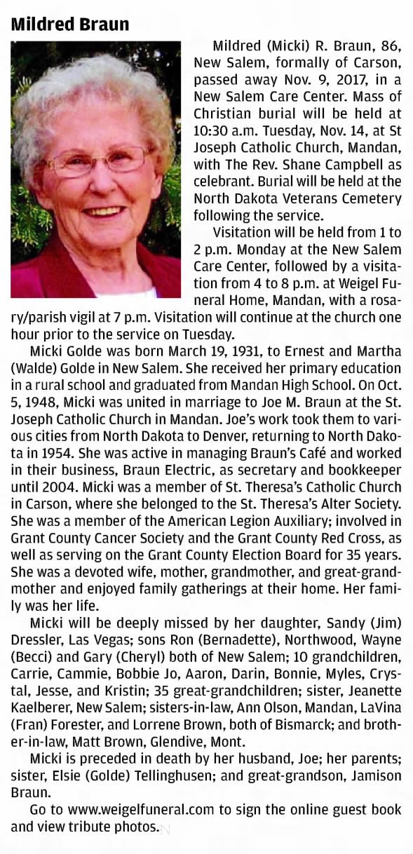 Mildred Golde Braun obituary 2017